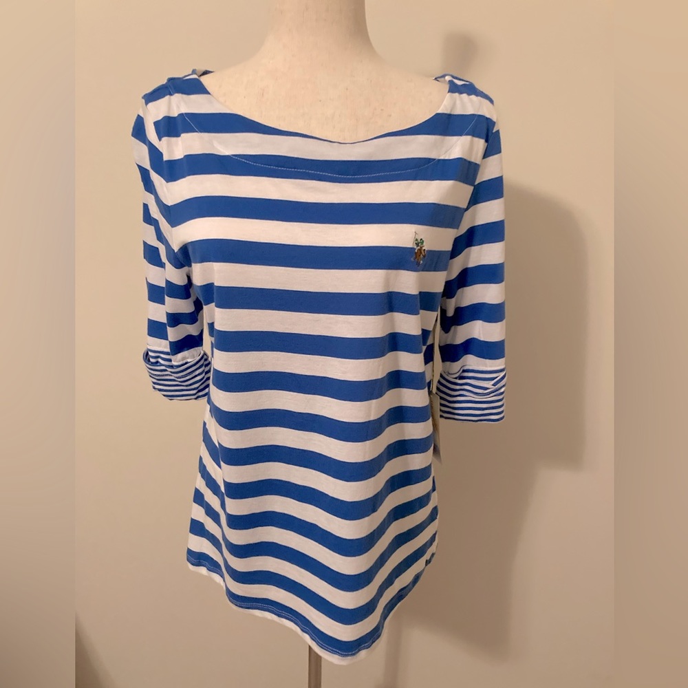U.S. Polo Association - Women’s Blue and White Striped Top. Size L. NWT